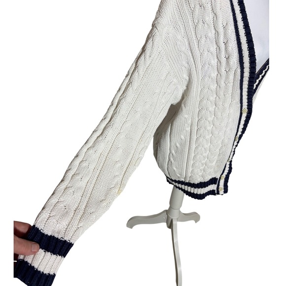 Talbots Womens White Cable Knit Cotton Cricket Cardigan Navy Stripe M Nautical - Picture 4 of 13